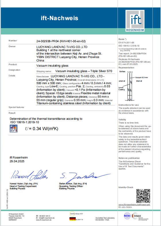 IFT Rosenheim U-value 0.34 test report (ISO 19916-1, centre of glass) for LandVac vacuum glazing