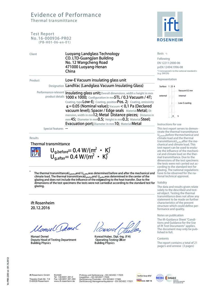 IFT Rosenheim evidence of performance report for the vacuum glazing system