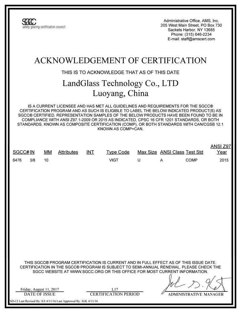 SGCC safety glazing certification from the Safety Glazing Certification Council, USA