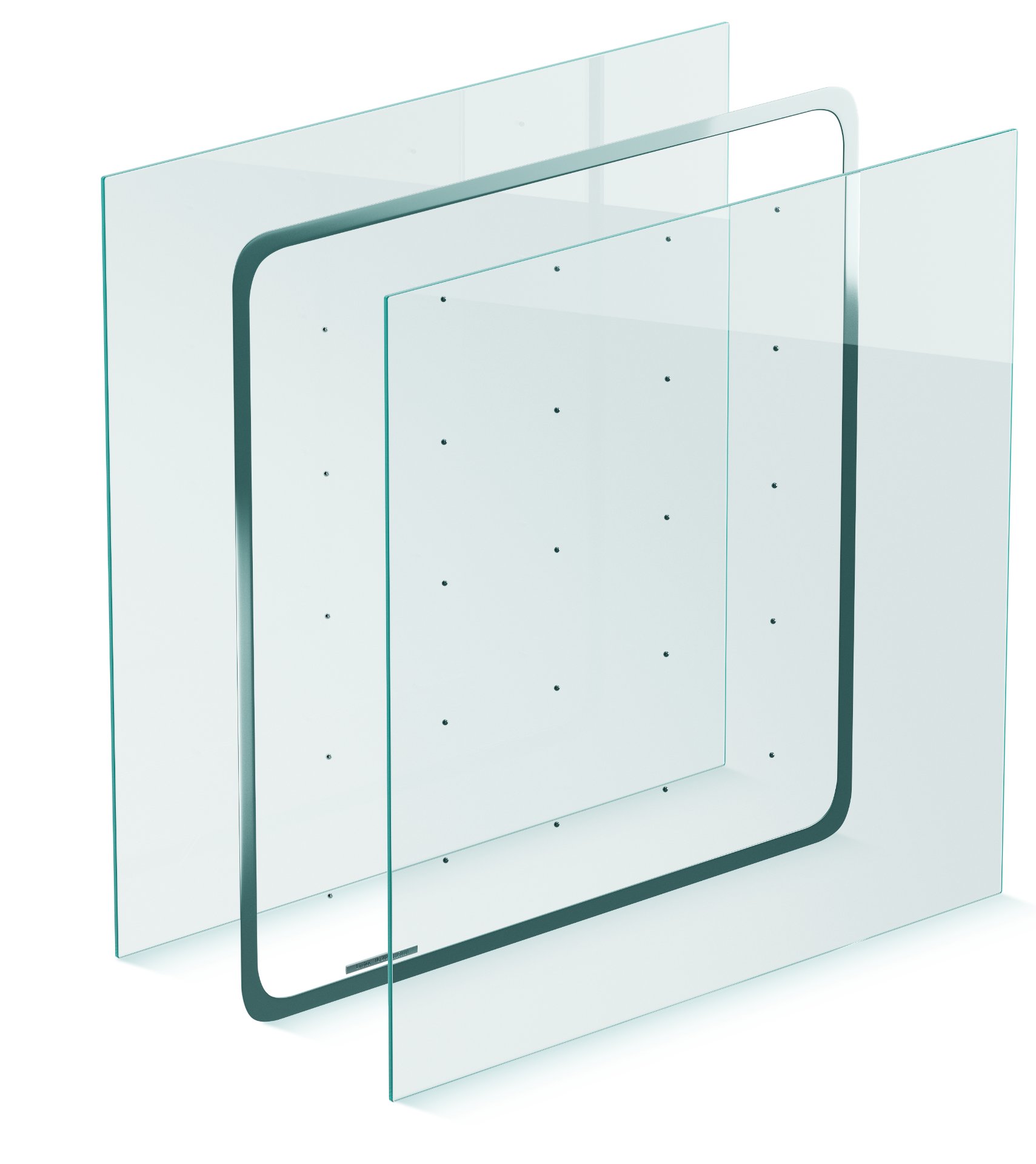 LandVac vacuum insulated glass structure — two tempered panes with support pillars and a sealed edge